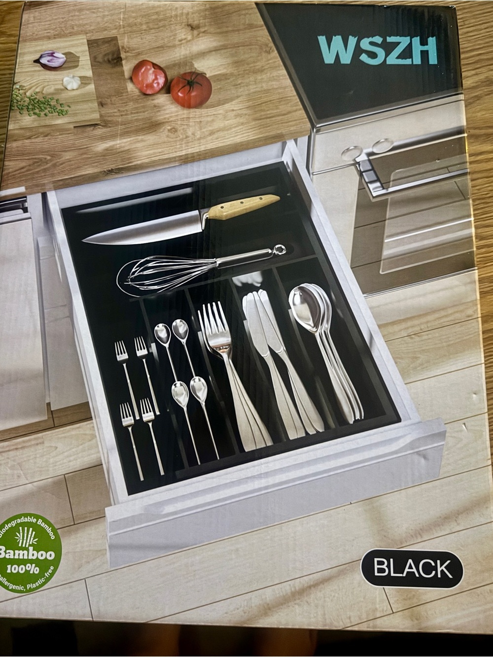 New! Never been used! Black Bamboo 7 Drawer Organizer Tray for Cutlery